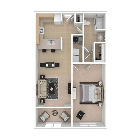 Floor plan for 1 bed, 1 bath, 849 sqft
